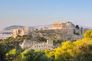 Upper view of the Acropolis from Philopappos hill at sunset, Athens, Attica region