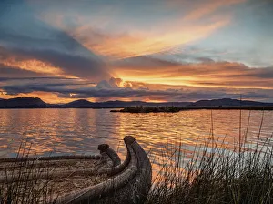 Uros Floating Islands at sunset, Lake Titicaca, Puno Region, Peru