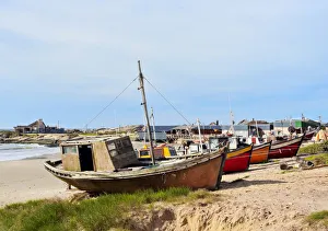 Uruguay, Rocha Department, Punta del Diablo, View of the Fishermans Beach Los Botes