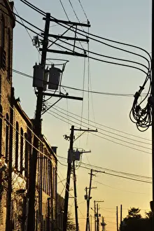 Birmingham Prints: USA, Alabama, Birmingham, power lines in downtown alley