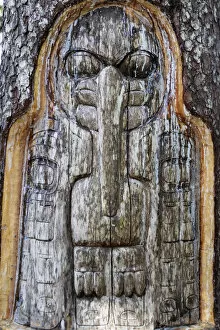 USA, Alaska, Juneau, Mount Roberts detail of totem wood carving