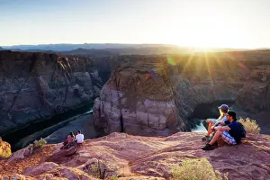 Page Prints: USA, Arizona, Page, tourists enjoying the elevated view of the Horse Shoe Bend at sunset