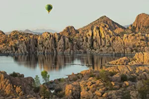 USA, Arizona, Prescott, Watson lake reservoir, Hot Air Balloon at Sunset