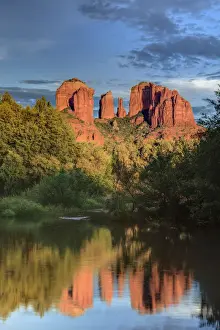 USA, Arizona, Sedona, Cathedral Rock glowing at sunset