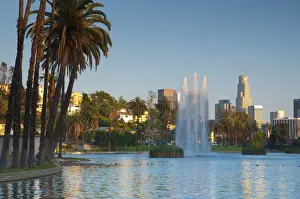USA, California, Los Angeles, Downtown skyline from Echo Park