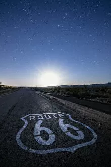 Night Sky Collection: USA, California, Mojave Desert: moon rising on the Historic Route 66