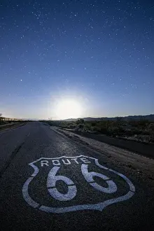 Highway Prints: USA, California, Mojave Desert: moon rising on the Historic Route 66