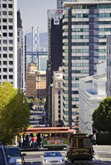 USA, California, San Francisco, California Street and View of Oakland Bay Bridge