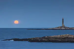 Rockport Prints: USA, Cape Ann, Rockport, Thatcher Island North Lighthouse, with moonrise, dusk