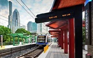 Charlotte Prints: USA, Charlotte, North Carolina, Downtown, Light Rail Transport, Commuter Train