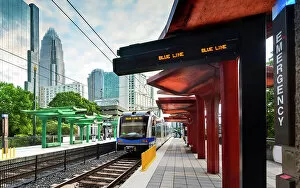 USA, Charlotte, North Carolina, Downtown, Light Rail Transport, Commuter Train