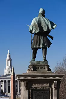 USA, Colorado, Denver, Civil War monument with City and County Building