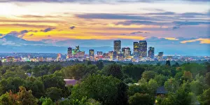 Elevated Viewpoints Prints: USA, Colorado, Denver, skyline with Rocky Mountains Front Range beyond