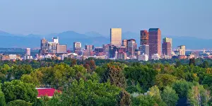 Elevated Viewpoints Prints: USA, Colorado, Denver, skyline with Rocky Mountains Front Range beyond