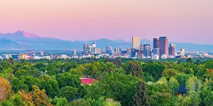 Elevated Viewpoints Prints: USA, Colorado, Denver, skyline with Rocky Mountains Front Range beyond