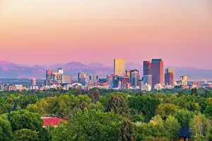 Elevated Viewpoints Prints: USA, Colorado, Denver, skyline with Rocky Mountains Front Range beyond