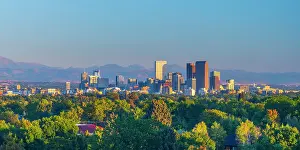 Elevated Viewpoints Prints: USA, Colorado, Denver, skyline with Rocky Mountains Front Range beyond