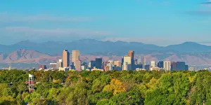 Elevated Viewpoints Prints: USA, Colorado, Denver, skyline with Rocky Mountains Front Range beyond