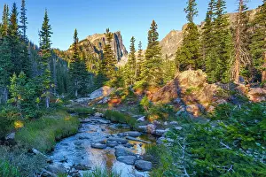 Creek Prints: USA, Colorado, Rocky Mountain National Park, Hallet Peak from Tyndall Creek
