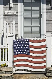 Connecticut Prints: USA, Connecticut, Stonington, gate with US flag