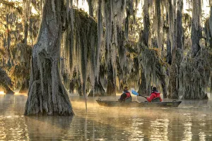 USA, Deep South, Louisiana, St. Martin Parish, Lake Martin, people in kayak at sunrise