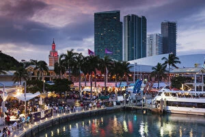 USA, Florida, Miami, city skyline with Bayside Mall and Fredom Tower