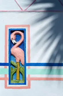 Saint Augustine Prints: USA, Florida, Saint Augustine, Pink Flamingo Wall Relief, Magic Beach Motel, Art Deco