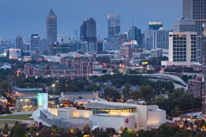 Atlanta Prints: USA, Georgia, Atlanta, Centenial Olympic Park, elevated city view and Coca Cola World