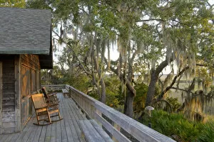 Porch Gallery: USA, Georgia, Little St. Simons Island, the lodge on the island at sunset