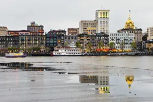 River Cruise Prints: USA, Georgia, Savanah, Waterfront anf town hall from across the Savannah River