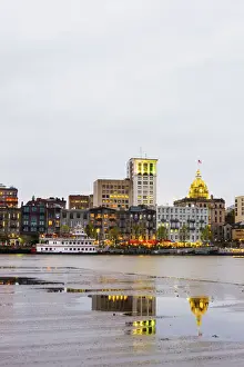 Refelction Prints: USA, Georgia, Savanah, Waterfront and Town hall from across the Savannah river