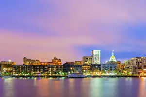 USA, Georgia, Savannah, Skyline reflected in the Savannah river