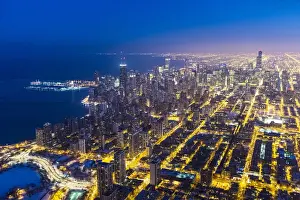 USA, Illinois, Chicago. Aerial dusk view of the city in winter