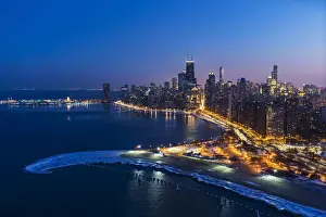 USA, Illinois, Chicago. Aerial dusk view of the city in winter