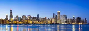 Mid West Prints: USA, Illinois, Chicago. The City Skyline and a frozen Lake Michigan