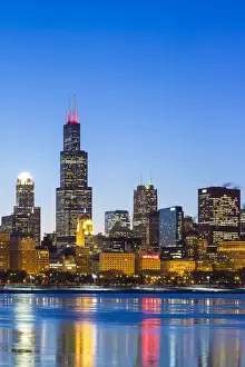 USA, Illinois, Chicago. The City Skyline and a frozen Lake Michigan