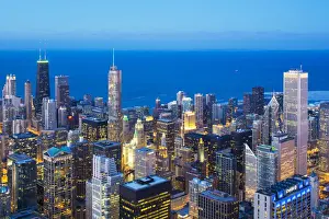 USA, Illinois, Chicago. Elevated dusk view over the city from the Willis Tower