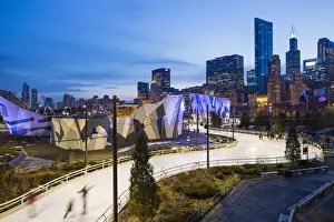 Ice Rink Prints: USA, Illinois, Chicago. The Maggie Daley Park Ice Skating Ribbon on a cold Winter s