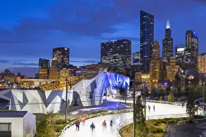 Ice Rink Prints: USA, Illinois, Chicago. The Maggie Daley Park Ice Skating Ribbon on a cold Winter s