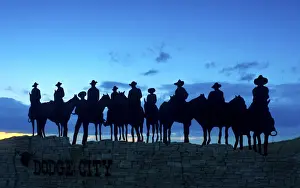 Wild West Prints: USA, Kansas, Dodge City, Silhouetted Ghost Riders Welcoming Sign, Metal Art Work