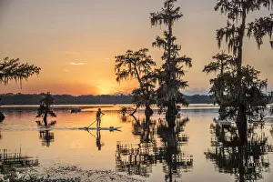 USA, Louisiana, Jefferson Parish, Lafayette, Lake Martin, woman on paddle board at sunset