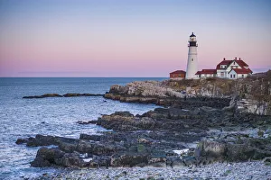 Portland Prints: USA, Maine, Portland, Cape Elizabeth, Portland Head Light, lighthouse, dusk