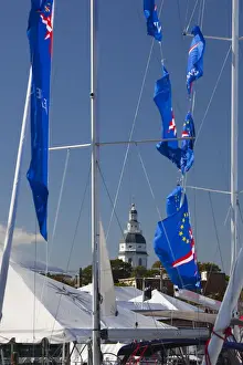 Maryland Prints: USA, Maryland, Annapolis, yacht marina and Maryland State House tower