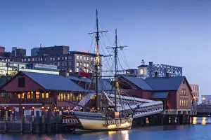 USA, Massachusetts, Boston, Boston Tea Party Museum, Fort Point Channel, dusk