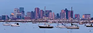 City Skyline Prints: USA, Massachusetts, Boston, City skyline and boats moored in the harbour
