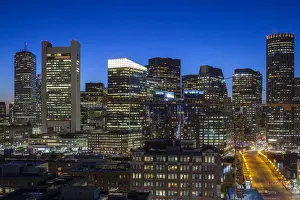 USA, Massachusetts, Boston, elevated city skyline from South Boston, dusk