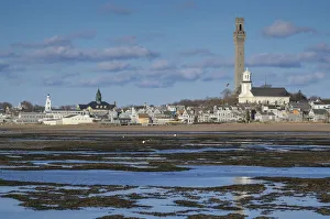 USA, Massachusetts, Cape Cod, Provincetown, town skyline with Provincetown Monument