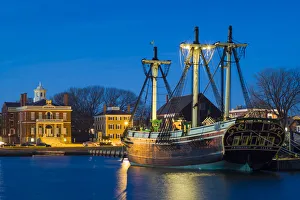 USA, Massachusetts, Salem, Friendship tall ship, Derby Wharf, dusk