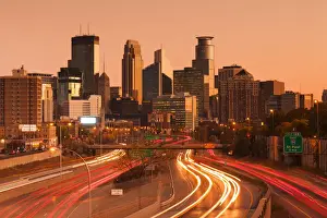 Highway Prints: USA, Minnesota, Minneapolis, city skyline from interstate highway I-35W