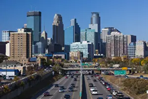 USA, Minnesota, Minneapolis, city skyline from interstate highway I-35W